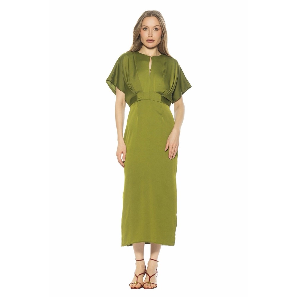 Alexa Admor Sylvi Draped Sleeve Midi Dress Sage Green Size 12 NWT Flaw